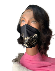 wavy styled wig on mannequin with mask covering her face
